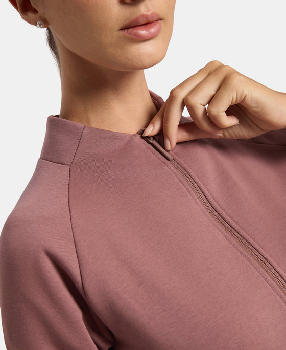 Super Combed Cotton Rich Fleece Fabric Full Zip High Neck Jacket with Front Pockets - Rose Taupe