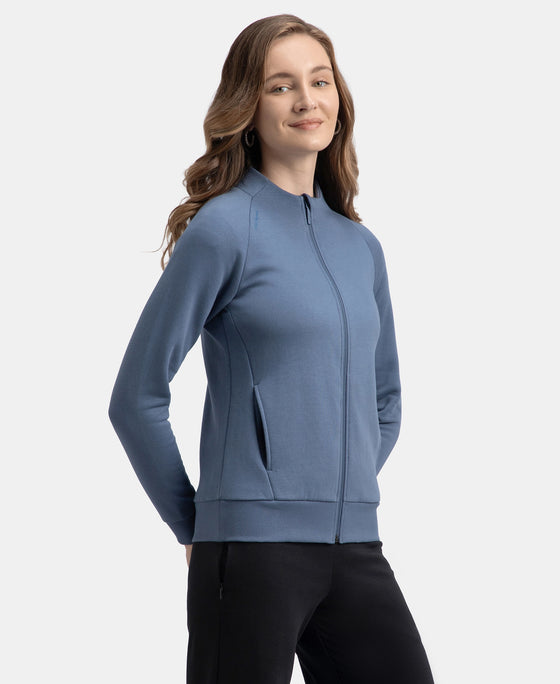 Super Combed Cotton Rich Fleece Fabric Full Zip High Neck Jacket with Front Pockets - Vintage Indigo