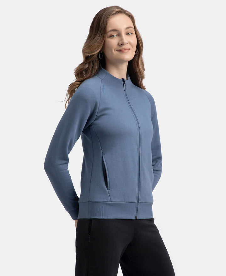 Super Combed Cotton Rich Fleece Fabric Full Zip High Neck Jacket with Front Pockets - Vintage Indigo