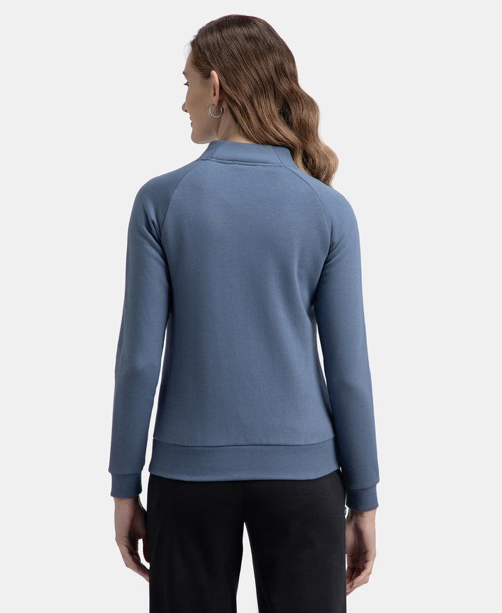 Super Combed Cotton Rich Fleece Fabric Full Zip High Neck Jacket with Front Pockets - Vintage Indigo