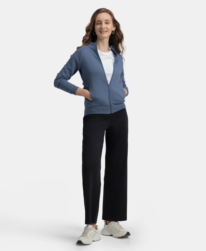 Super Combed Cotton Rich Fleece Fabric Full Zip High Neck Jacket with Front Pockets - Vintage Indigo