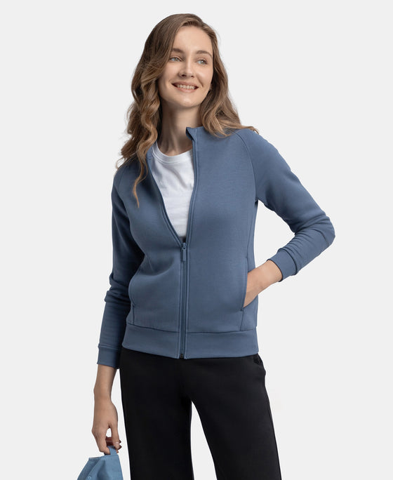 Super Combed Cotton Rich Fleece Fabric Full Zip High Neck Jacket with Front Pockets - Vintage Indigo