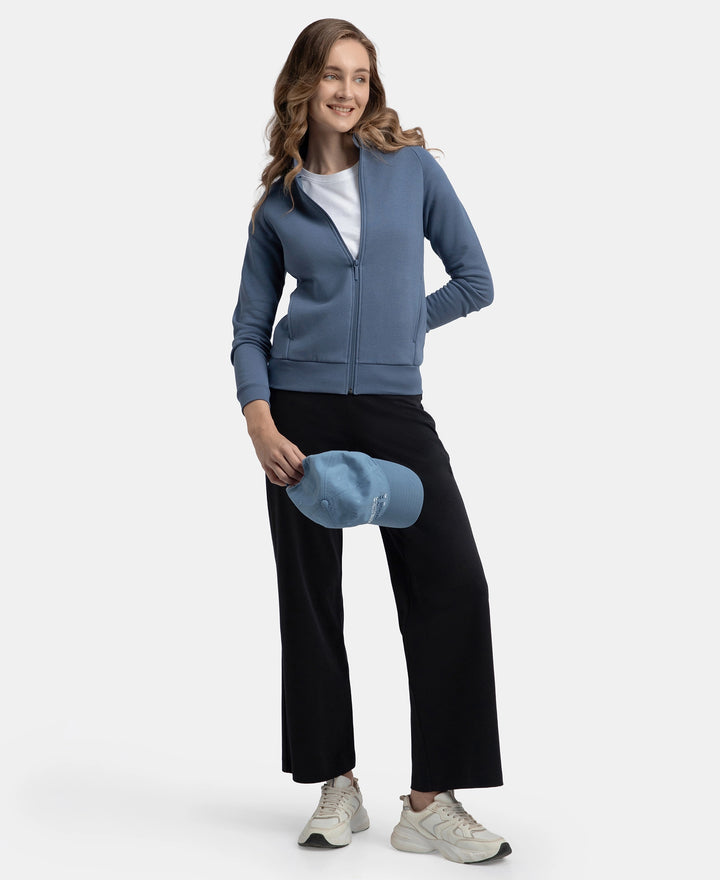 Super Combed Cotton Rich Fleece Fabric Full Zip High Neck Jacket with Front Pockets - Vintage Indigo