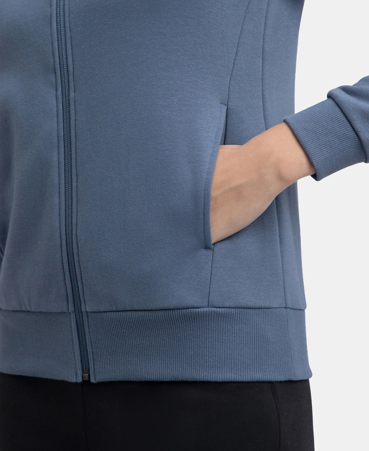 Super Combed Cotton Rich Fleece Fabric Full Zip High Neck Jacket with Front Pockets - Vintage Indigo