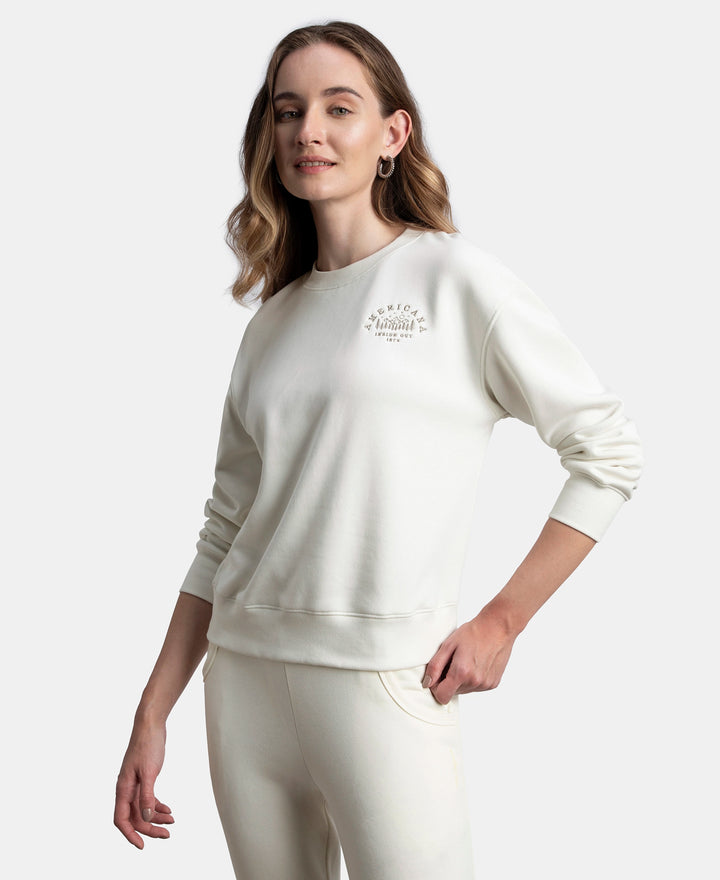 Super Combed Cotton Rich Fleece Fabric Printed Sweatshirt with Drop Shoulder Styling - Cannoli Cream