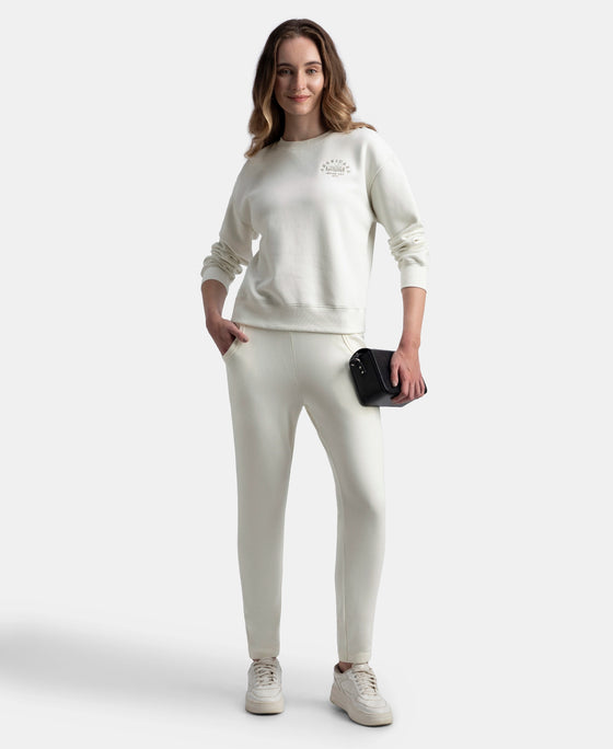 Super Combed Cotton Rich Fleece Fabric Printed Sweatshirt with Drop Shoulder Styling - Cannoli Cream