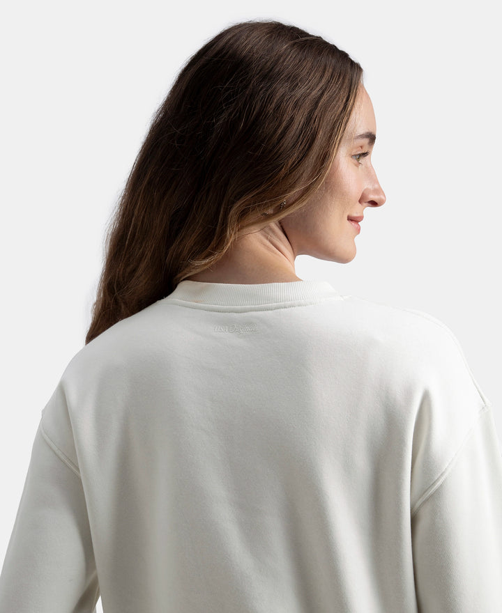 Super Combed Cotton Rich Fleece Fabric Printed Sweatshirt with Drop Shoulder Styling - Cannoli Cream