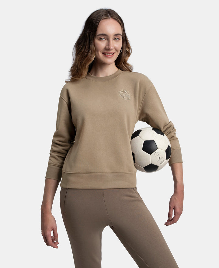 Super Combed Cotton Rich Fleece Fabric Printed Sweatshirt with Drop Shoulder Styling - Desert Taupe