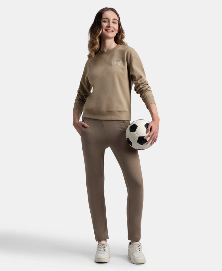 Super Combed Cotton Rich Fleece Fabric Printed Sweatshirt with Drop Shoulder Styling - Desert Taupe