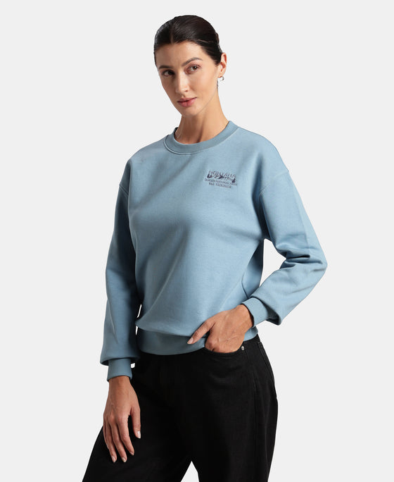 Super Combed Cotton Rich Fleece Fabric Printed Sweatshirt with Drop Shoulder Styling - Provincial Blue