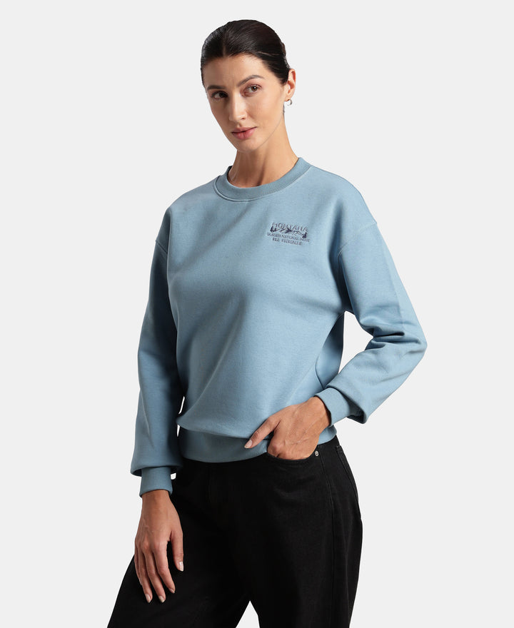 Super Combed Cotton Rich Fleece Fabric Printed Sweatshirt with Drop Shoulder Styling - Provincial Blue
