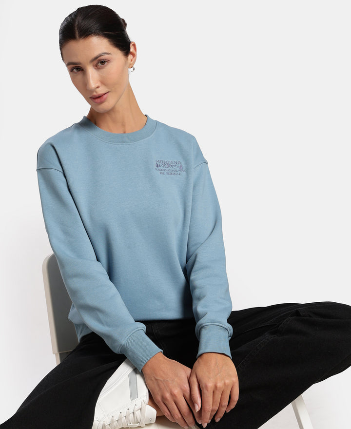 Super Combed Cotton Rich Fleece Fabric Printed Sweatshirt with Drop Shoulder Styling - Provincial Blue