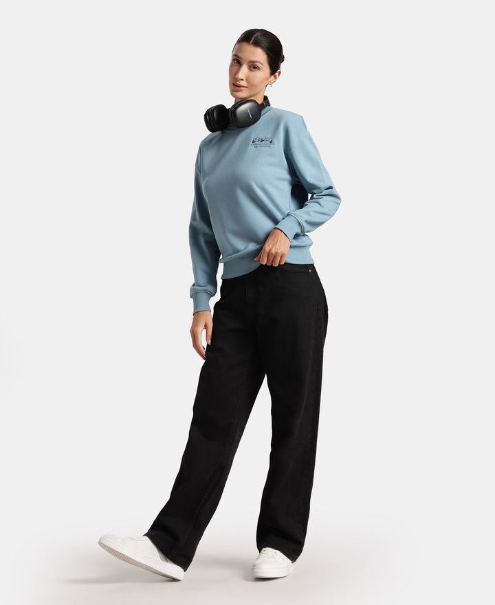 Super Combed Cotton Rich Fleece Fabric Printed Sweatshirt with Drop Shoulder Styling - Provincial Blue