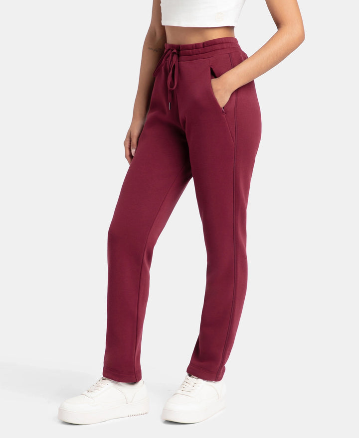 Super Combed Cotton Rich Fleece Fabric Straight Fit Trackpants with Zipper Pockets - Maroon Banner