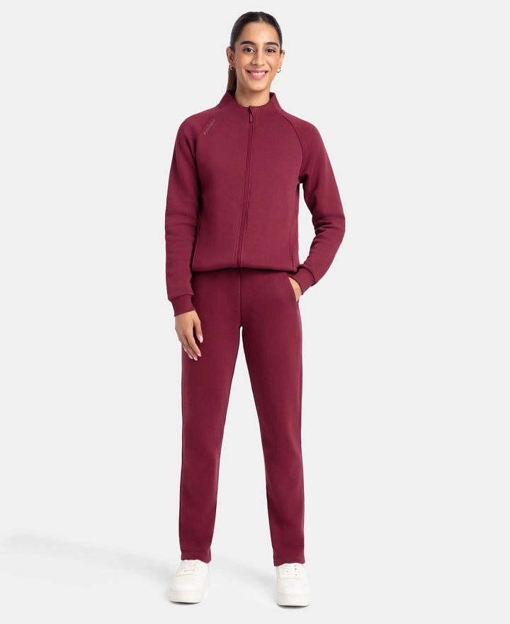 Super Combed Cotton Rich Fleece Fabric Straight Fit Trackpants with Zipper Pockets - Maroon Banner