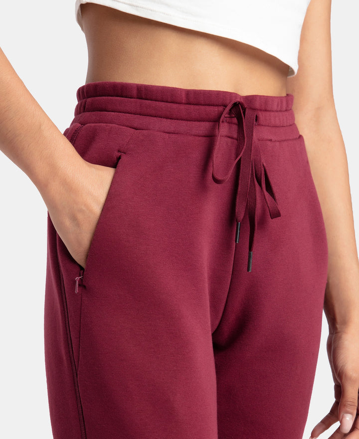 Super Combed Cotton Rich Fleece Fabric Straight Fit Trackpants with Zipper Pockets - Maroon Banner