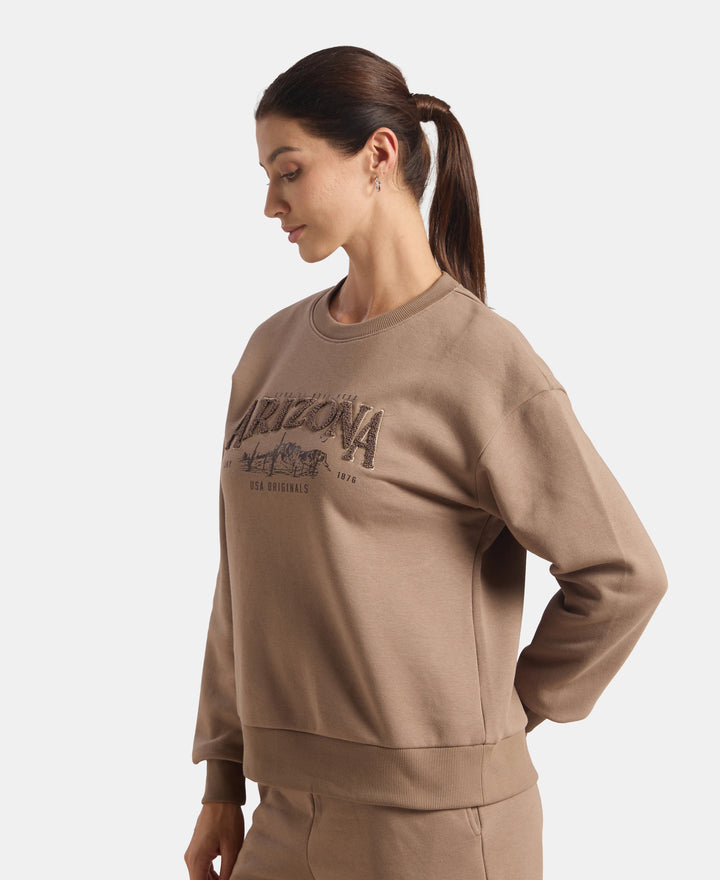 Super Combed Cotton Rich Fleece Fabric Oversized Printed Sweatshirt with StayWarm Tech - Brown Lentil