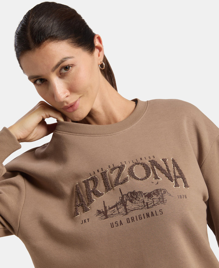Super Combed Cotton Rich Fleece Fabric Oversized Printed Sweatshirt with StayWarm Tech - Brown Lentil