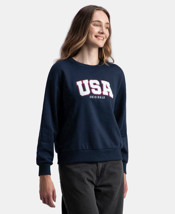 Super Combed Cotton Rich Fleece Fabric Oversized Printed Sweatshirt with StayWarm Tech - Navy