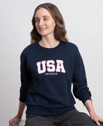 Super Combed Cotton Rich Fleece Fabric Oversized Printed Sweatshirt with StayWarm Tech - Navy