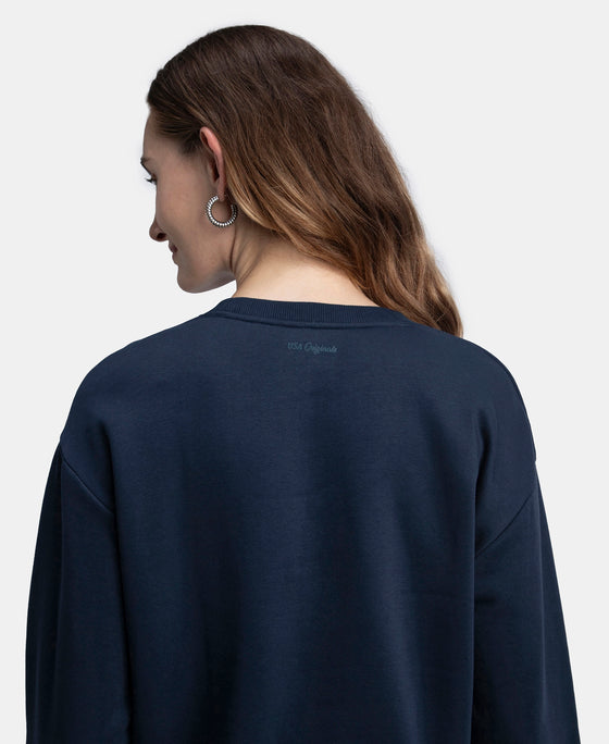 Super Combed Cotton Rich Fleece Fabric Oversized Printed Sweatshirt with StayWarm Tech - Navy