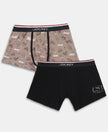 Super Combed Cotton Elastane Stretch Printed Trunk with Ultrasoft Waistband - Black & Dark Khaki (Pack of 2)