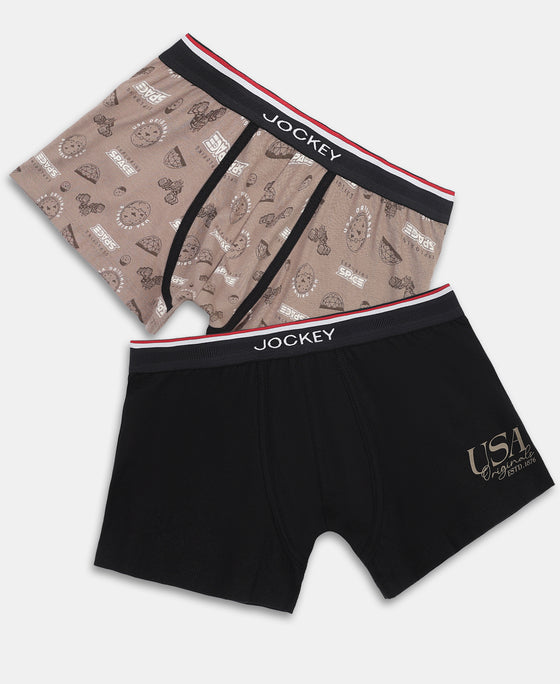 Super Combed Cotton Elastane Stretch Printed Trunk with Ultrasoft Waistband - Black & Dark Khaki (Pack of 2)