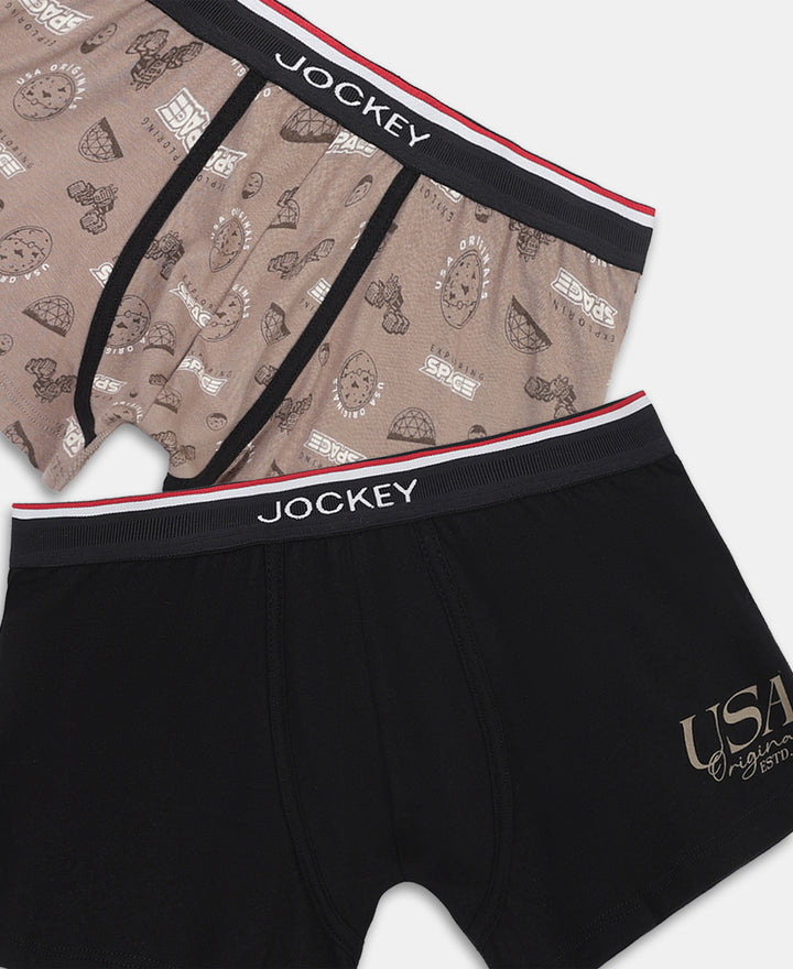 Super Combed Cotton Elastane Stretch Printed Trunk with Ultrasoft Waistband - Black & Dark Khaki (Pack of 2)