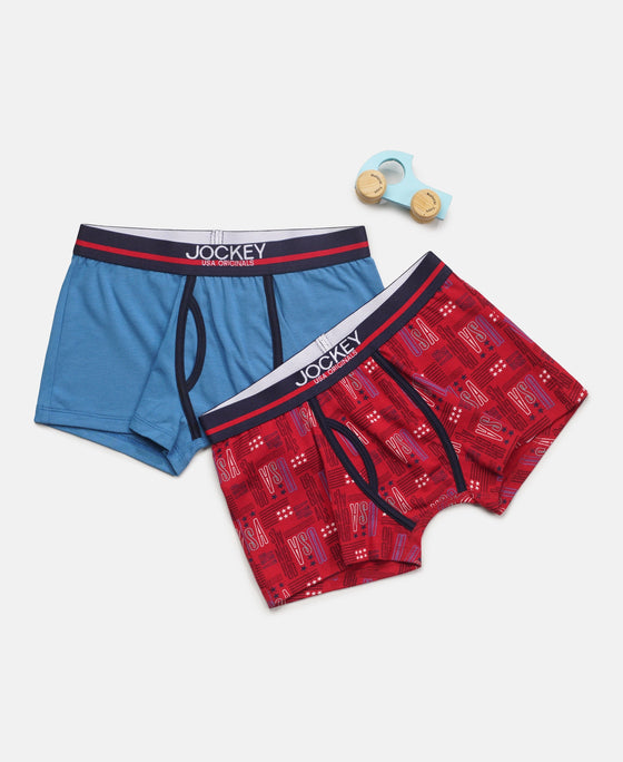 Super Combed Cotton Elastane Stretch Printed Trunk with Ultrasoft Waistband - Chili Pepper & Vallarta Blue (Pack of 2)