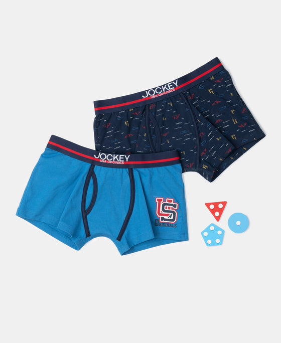 Super Combed Cotton Elastane Stretch Printed Trunk with Ultrasoft Waistband - Navy & Vallarta Blue (Pack of 2)