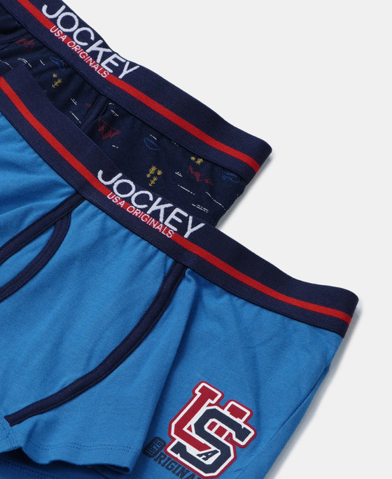 Super Combed Cotton Elastane Stretch Printed Trunk with Ultrasoft Waistband - Navy & Vallarta Blue (Pack of 2)