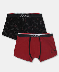 Super Combed Cotton Elastane Stretch Printed Trunk with Ultrasoft Waistband - Red & Black (Pack of 2)