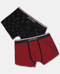 Super Combed Cotton Elastane Stretch Printed Trunk with Ultrasoft Waistband - Red & Black (Pack of 2)