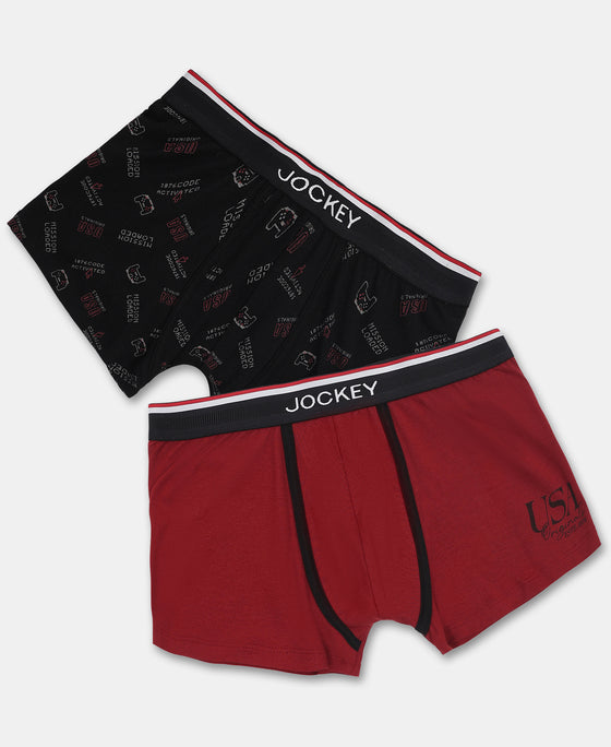 Super Combed Cotton Elastane Stretch Printed Trunk with Ultrasoft Waistband - Red & Black (Pack of 2)