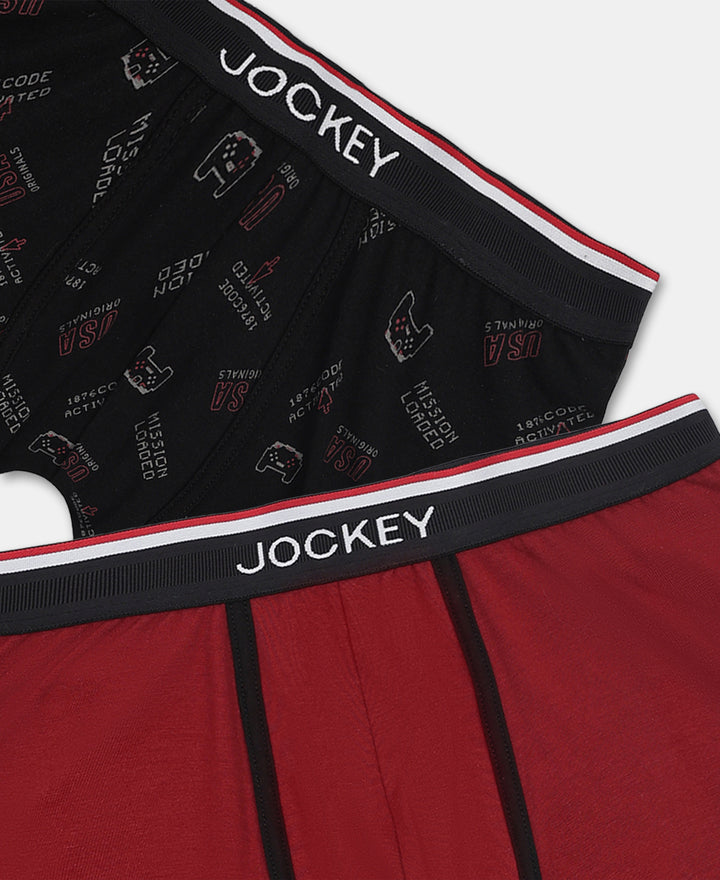 Super Combed Cotton Elastane Stretch Printed Trunk with Ultrasoft Waistband - Red & Black (Pack of 2)