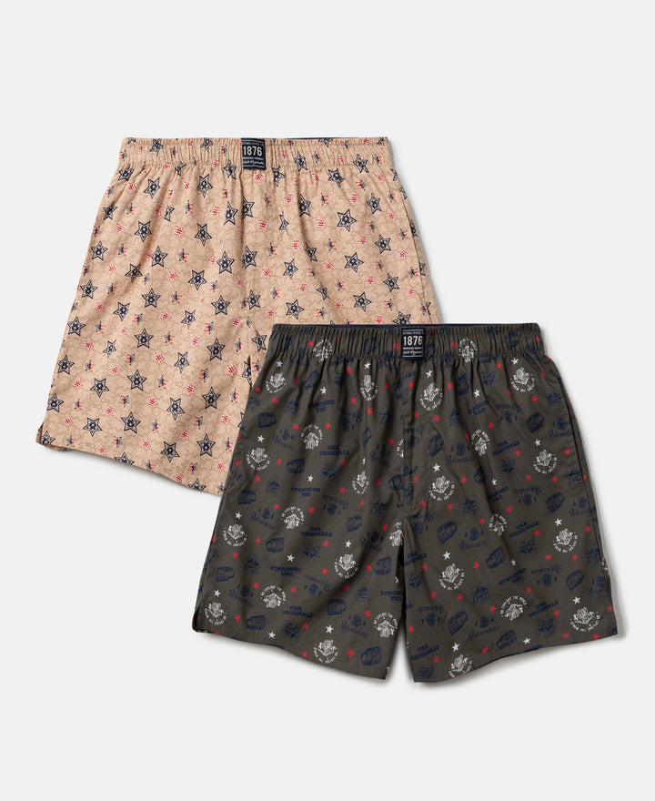 Super Combed Mercerized Cotton Woven Fabric Printed Boxer Shorts - Deep Olive & Nomad (Pack of 2)