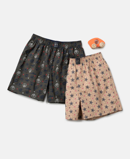 Super Combed Mercerized Cotton Woven Fabric Printed Boxer Shorts - Deep Olive & Nomad (Pack of 2)