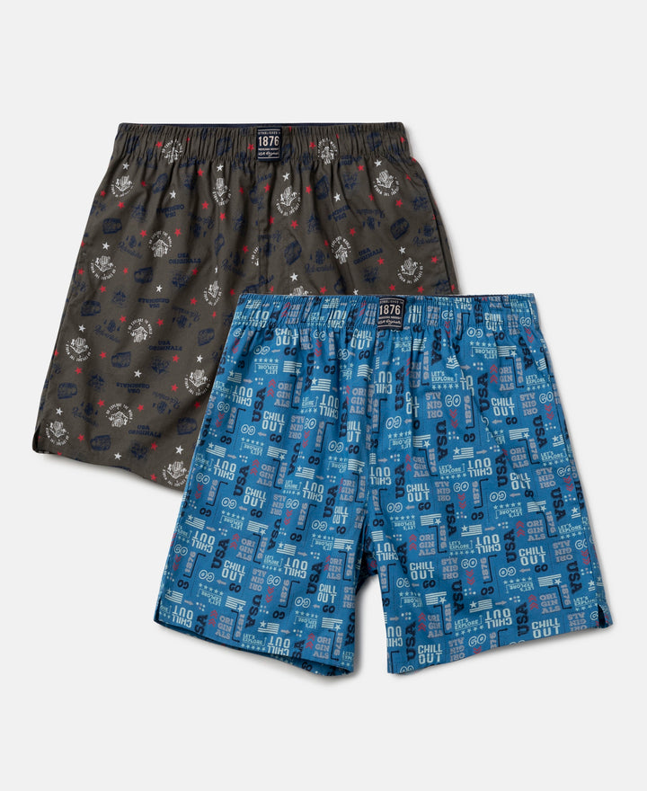 Super Combed Mercerized Cotton Woven Fabric Printed Boxer Shorts - Deep Olive & Vallarta Blue (Pack of 2)