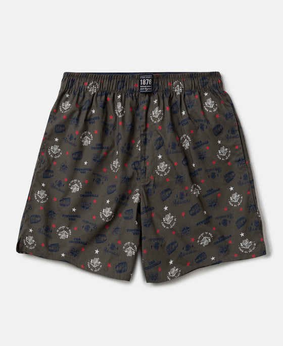 Super Combed Mercerized Cotton Woven Fabric Printed Boxer Shorts - Deep Olive & Vallarta Blue (Pack of 2)