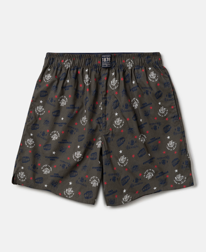 Super Combed Mercerized Cotton Woven Fabric Printed Boxer Shorts - Deep Olive & Vallarta Blue (Pack of 2)