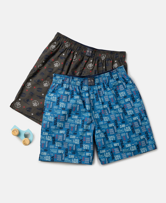 Super Combed Mercerized Cotton Woven Fabric Printed Boxer Shorts - Deep Olive & Vallarta Blue (Pack of 2)