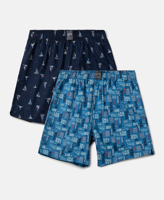 Super Combed Mercerized Cotton Woven Fabric Printed Boxer Shorts - Navy & Vallarta Blue (Pack of 2)