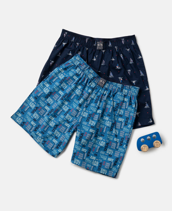 Super Combed Mercerized Cotton Woven Fabric Printed Boxer Shorts - Navy & Vallarta Blue (Pack of 2)