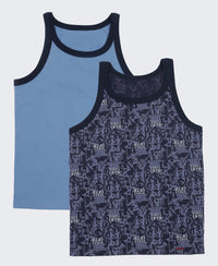 Super Combed Cotton Printed Round Neck Sleeveless Vest - Navy & Light Blue (Pack of 2)