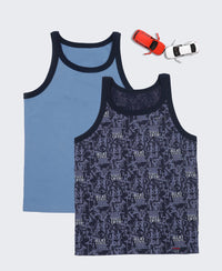 Super Combed Cotton Printed Round Neck Sleeveless Vest - Navy & Light Blue (Pack of 2)