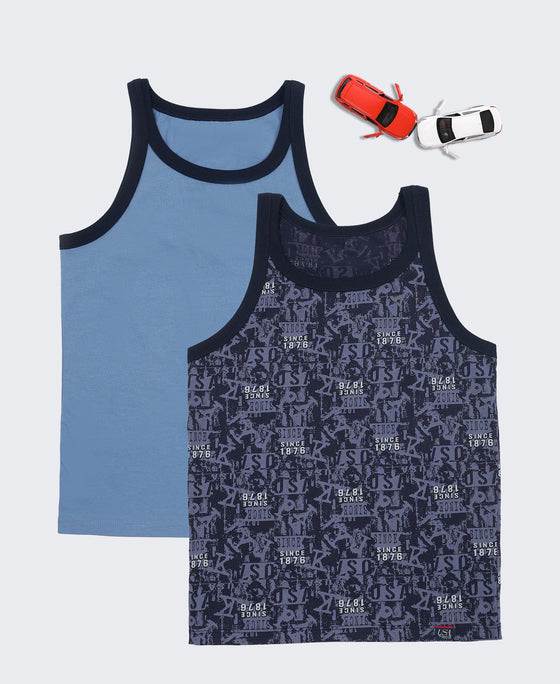 Super Combed Cotton Printed Round Neck Sleeveless Vest - Navy & Light Blue (Pack of 2)