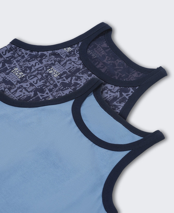 Super Combed Cotton Printed Round Neck Sleeveless Vest - Navy & Light Blue (Pack of 2)