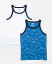 Super Combed Cotton Printed Round Neck Sleeveless Vest - Vallarta Blue & White (Pack of 2)