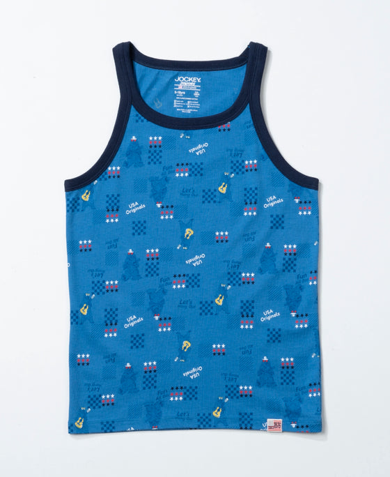 Super Combed Cotton Printed Round Neck Sleeveless Vest - Vallarta Blue & White (Pack of 2)