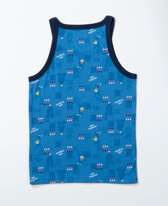 Super Combed Cotton Printed Round Neck Sleeveless Vest - Vallarta Blue & White (Pack of 2)